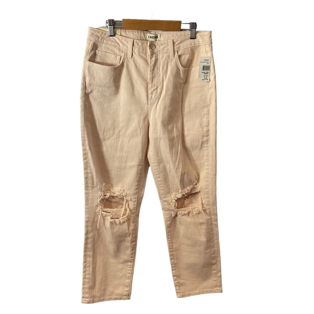 L'AGENCE Nina High Rise Straight Leg Jeans 29 Quartz Worn Destruct Pink 29